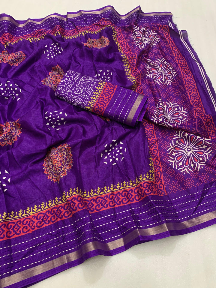 Soft dola silk saree with beautiful ajrakh pichwai print and trending katha work border. - Saree