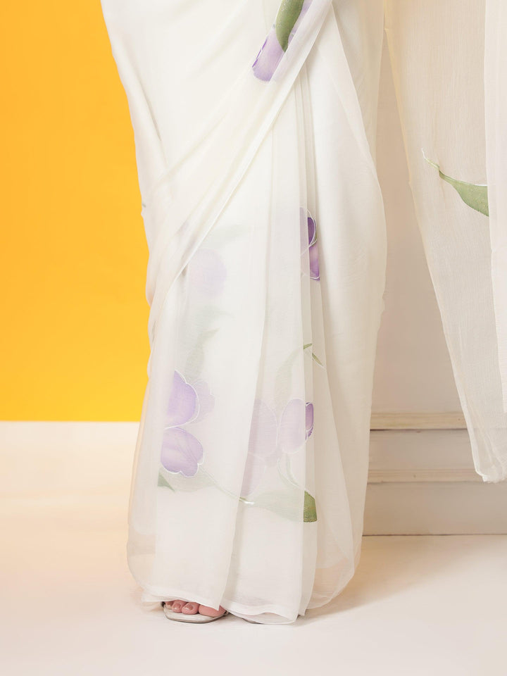 Off-white Lavender digital printed Chiffon Saree Set