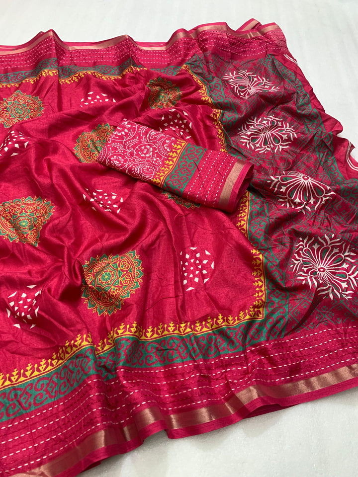 Soft dola silk saree with beautiful ajrakh pichwai print and trending katha work border. - Saree