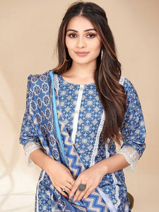 Blue printed Kurta with Trousers with dupatta - Saree