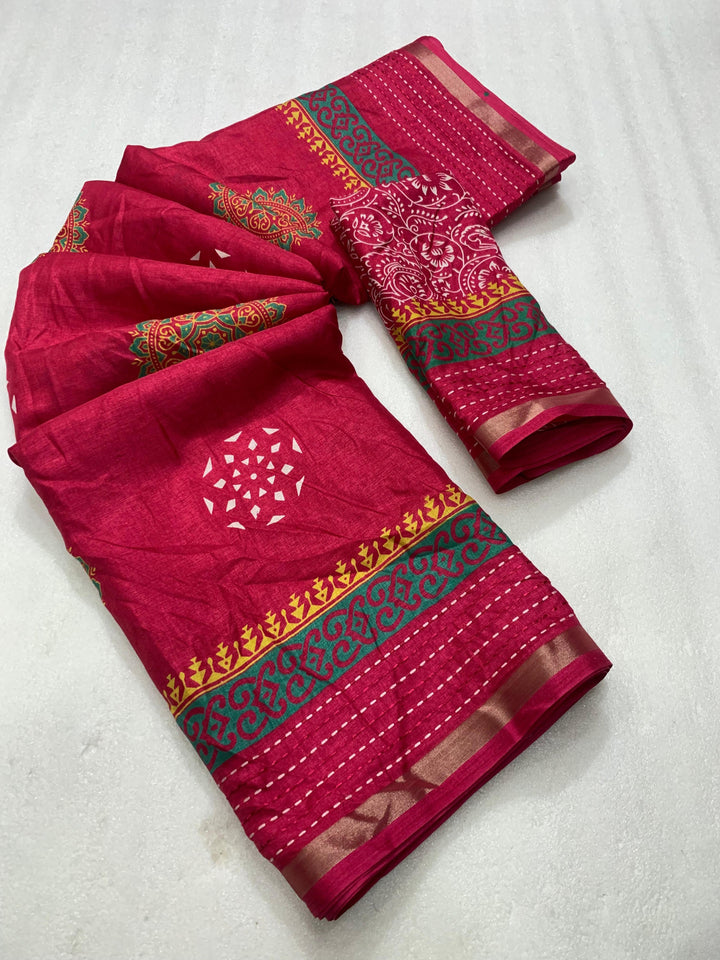 Soft dola silk saree with beautiful ajrakh pichwai print and trending katha work border.