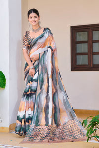 Soft linen cotton saree with digital print and silver patti border.