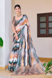 Soft linen cotton saree with digital print and silver patti border.