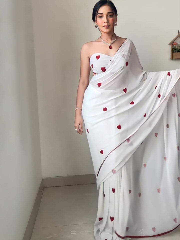 valentine special ready to wear georgette saree with gamthi work and with amazing two colors red - white