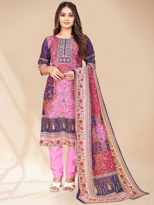 Pink, purple & white printed Kurta with Trousers & dupatta