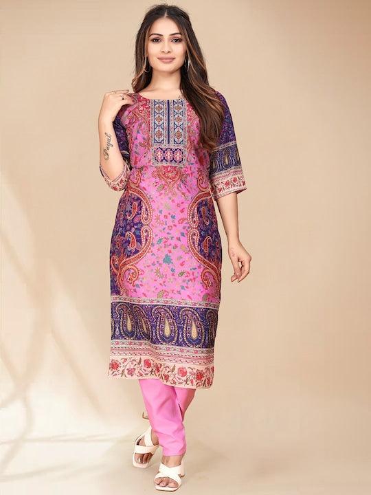 Pink, purple & white printed Kurta with Trousers & dupatta