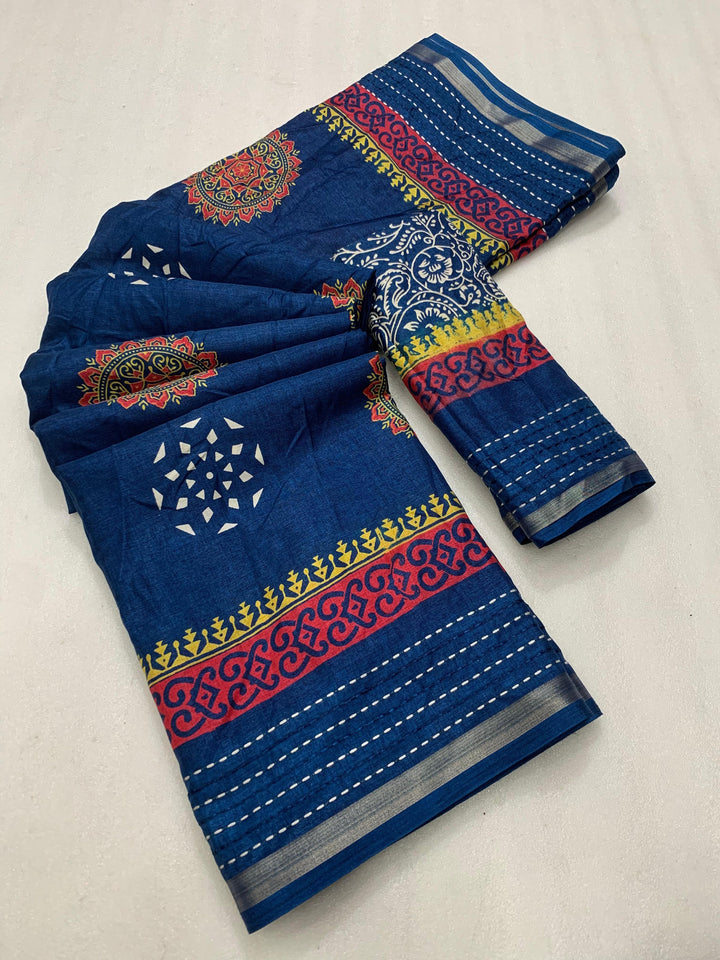 Soft dola silk saree with beautiful ajrakh pichwai print and trending katha work border.