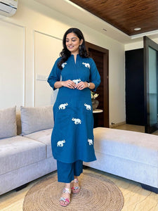 Elephant embroidered cotton pant set - Saree