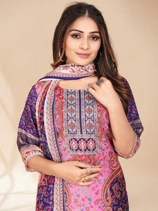 Pink, purple & white printed Kurta with Trousers & dupatta - Saree