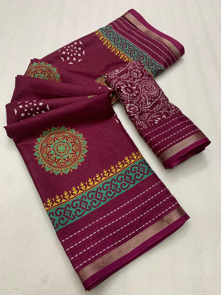 Soft dola silk saree with beautiful ajrakh pichwai print and trending katha work border.