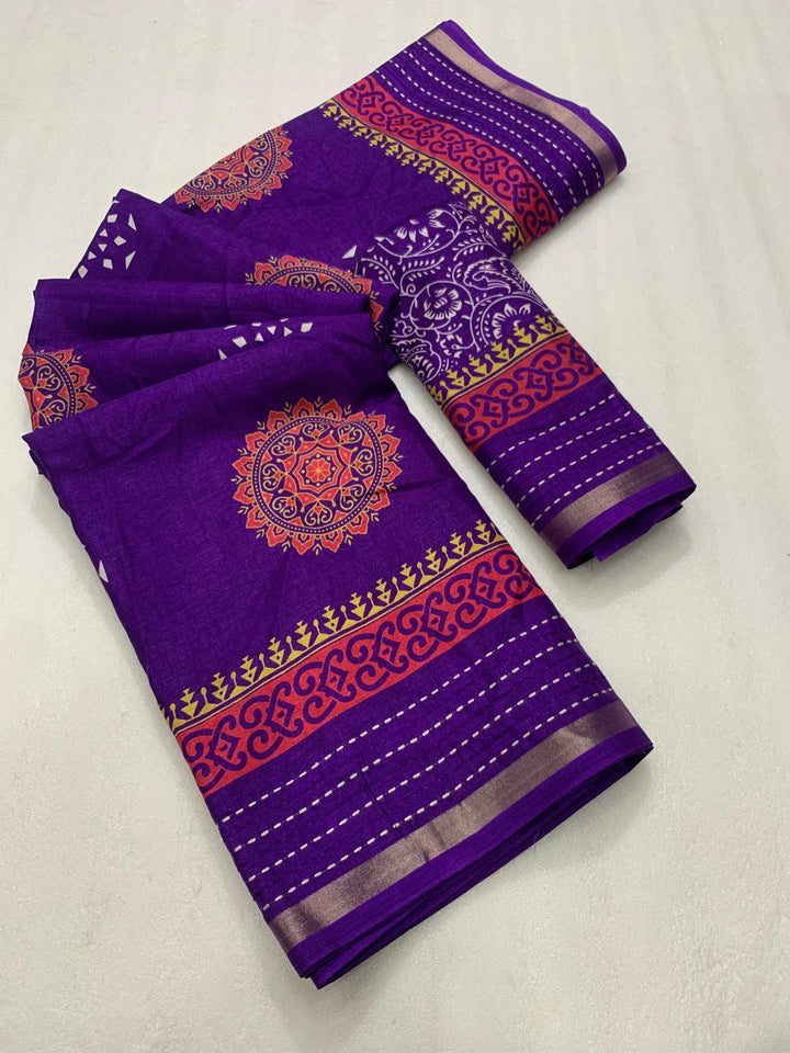 Soft dola silk saree with beautiful ajrakh pichwai print and trending katha work border.