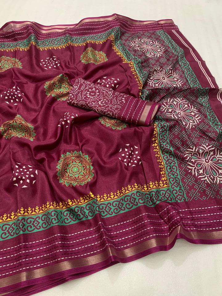 Soft dola silk saree with beautiful ajrakh pichwai print and trending katha work border. - Saree