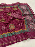 Soft dola silk saree with beautiful ajrakh pichwai print and trending katha work border. - Saree