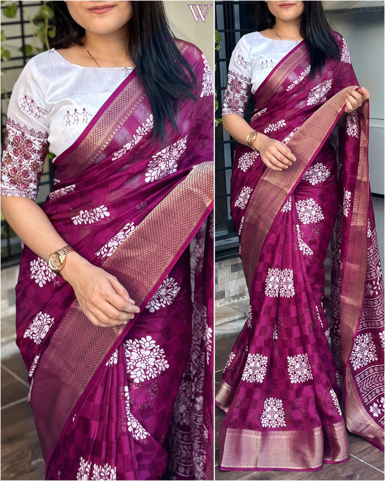 Printed saree with self checks jacquard in saree with zari boder