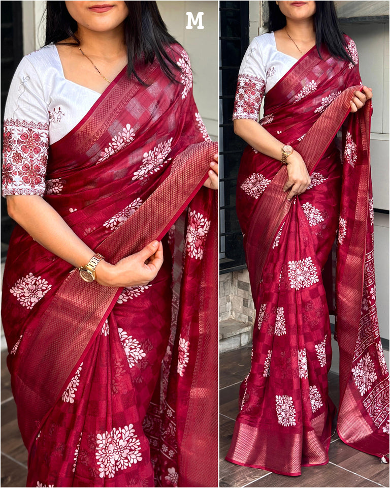 Printed saree with self checks jacquard in saree with zari boder - Saree