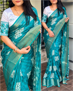 Printed saree with self checks jacquard in saree with zari boder