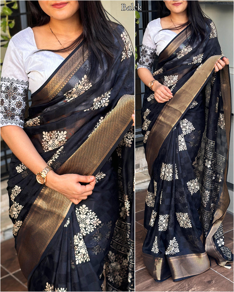 Printed saree with self checks jacquard in saree with zari boder