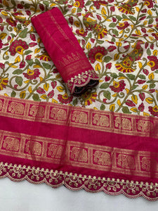 New dola silk saree with kalamkari foil print and magam sequence work lace - Saree