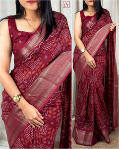 printed muslin cotton saree with zari boder & tussles in pallu - Saree