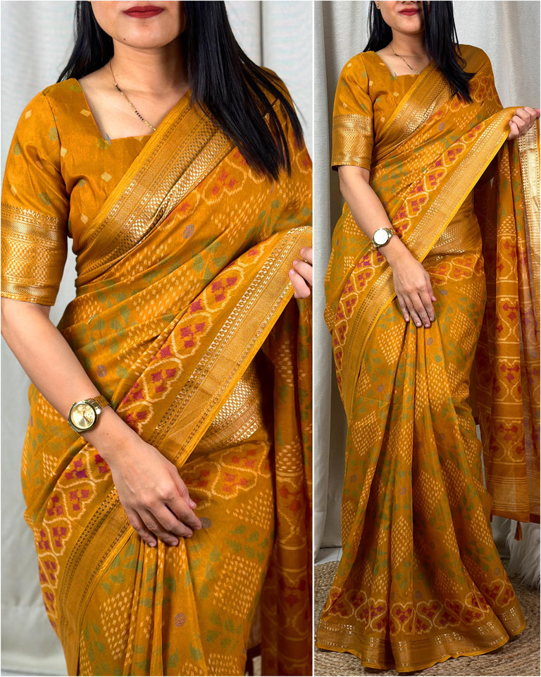 printed muslin cotton saree with zari boder & tussles in pallu - Saree