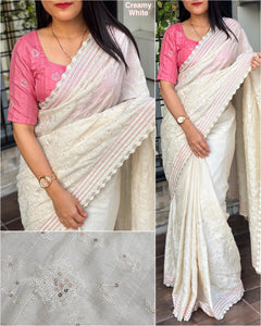 Multi thread Embroidery work in saree with sequins touch - Saree