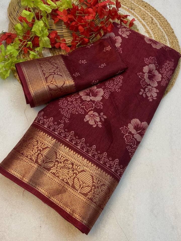 Soft delta moss saree with floral print and self jacquard all over with tassels on pallu