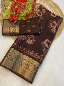 Soft delta moss saree with floral print and self jacquard all over with tassels on pallu - Saree