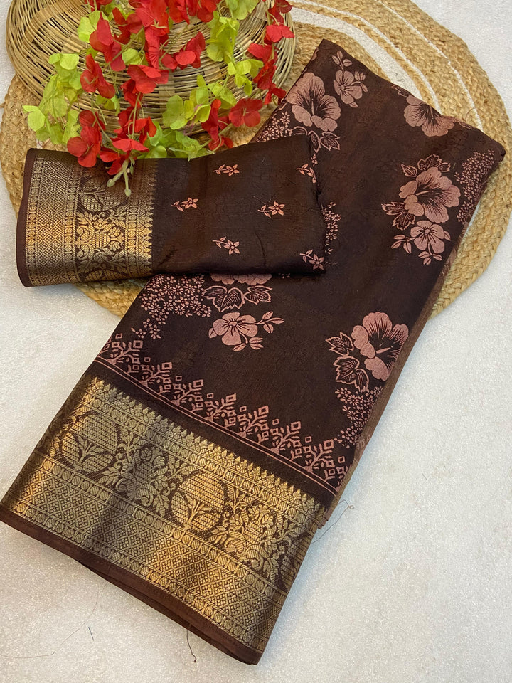 Soft delta moss saree with floral print and self jacquard all over with tassels on pallu