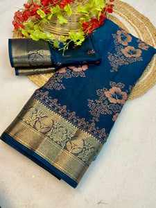 Soft delta moss saree with floral print and self jacquard all over with tassels on pallu