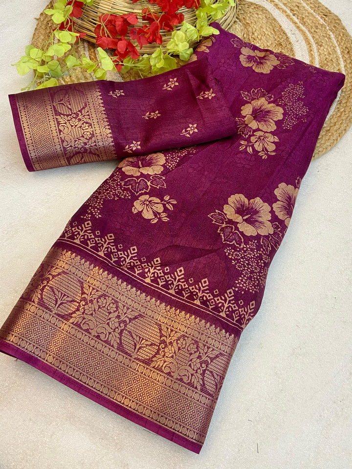 Soft delta moss saree with floral print and self jacquard all over with tassels on pallu