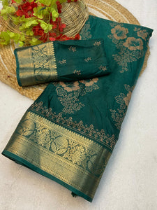 Soft delta moss saree with floral print and self jacquard all over with tassels on pallu