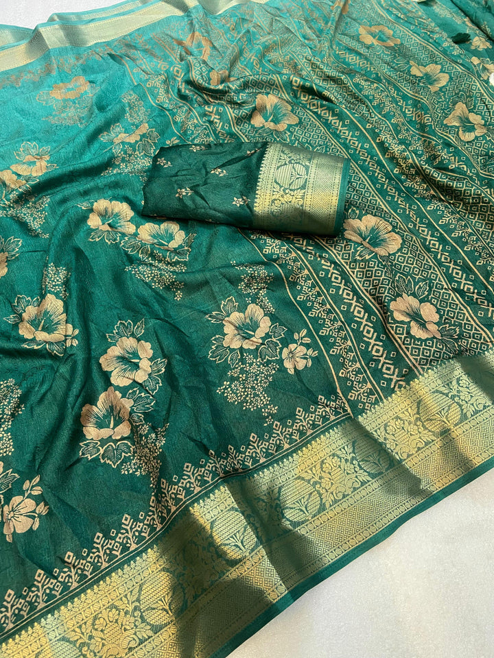 Soft delta moss saree with floral print and self jacquard all over with tassels on pallu - Saree