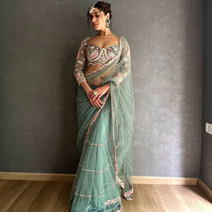 Premium Net Embellished With Beautiful Embroidery,Dori And Sequins Work With Heavy Hand Diamond Work Lace Border( 2500 Diamonds In Saree Border )