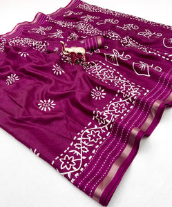 Beautiful cotton crape saree with 3D style print and katha work border.