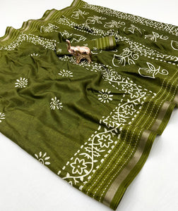 Beautiful cotton crape saree with 3D style print and katha work border.