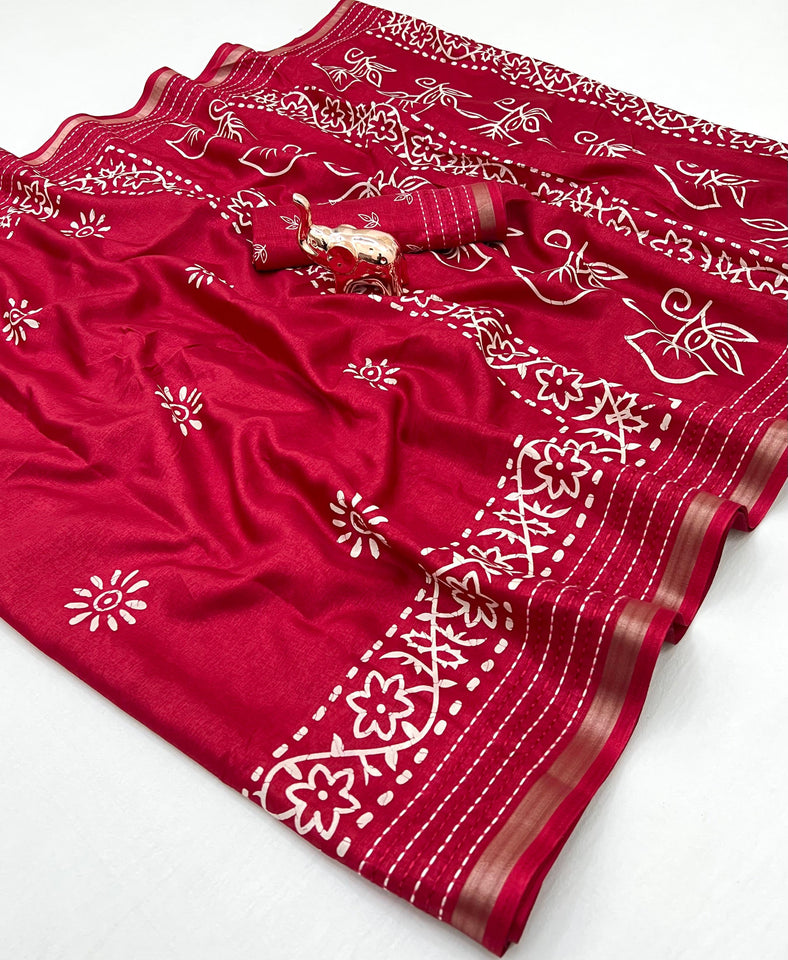 Beautiful cotton crape saree with 3D style print and katha work border.