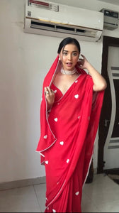 valentine special ready to wear georgette saree with gamthi work and with amazing two colors red - white