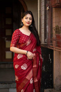 soft cotton crape batik prints with zari pattu woven border - Saree