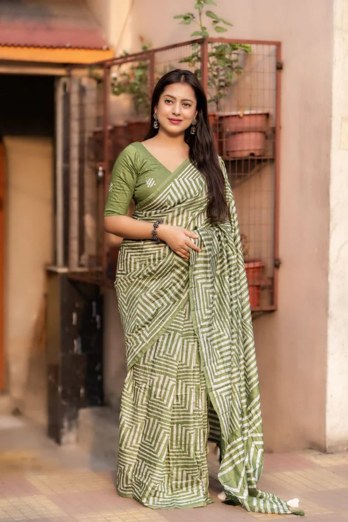 Pure chanderi cotton saree with hand batik prints