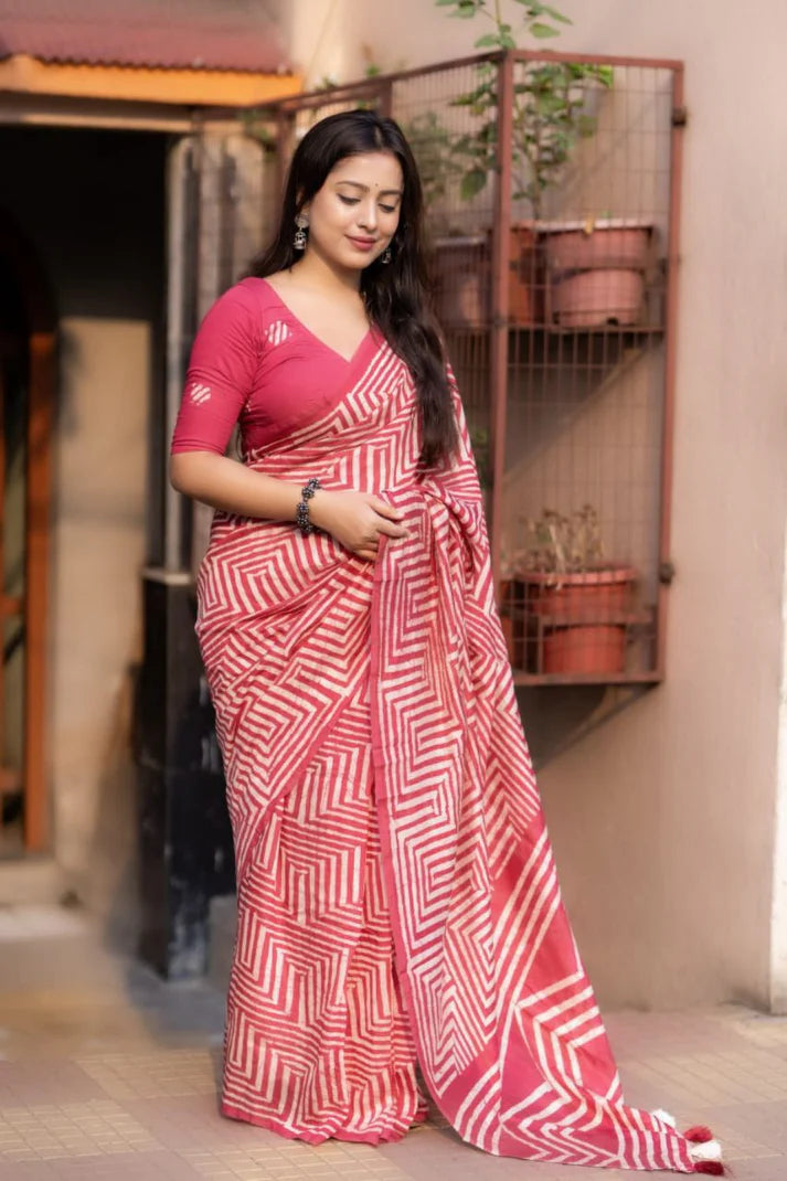 Pure chanderi cotton saree with hand batik prints