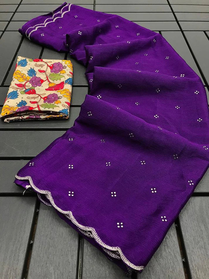 Soft Chinon Silk Fabric Along With Designer Mukaish Work In Saree