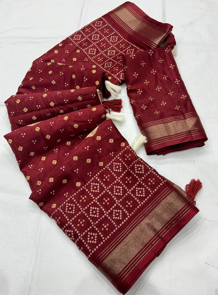 Cotton Crepe Bandhani Print Saree With Cotton Tassels & Mirrors.