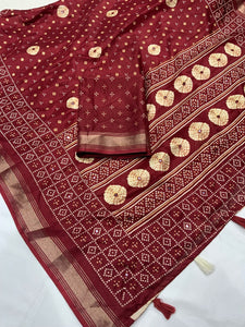 Cotton Crepe Bandhani Print Saree With Cotton Tassels & Mirrors.