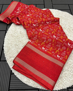 DOLA SILK SAREE WITH WORLI PRINT AND SEQUENCE BORDER - Saree