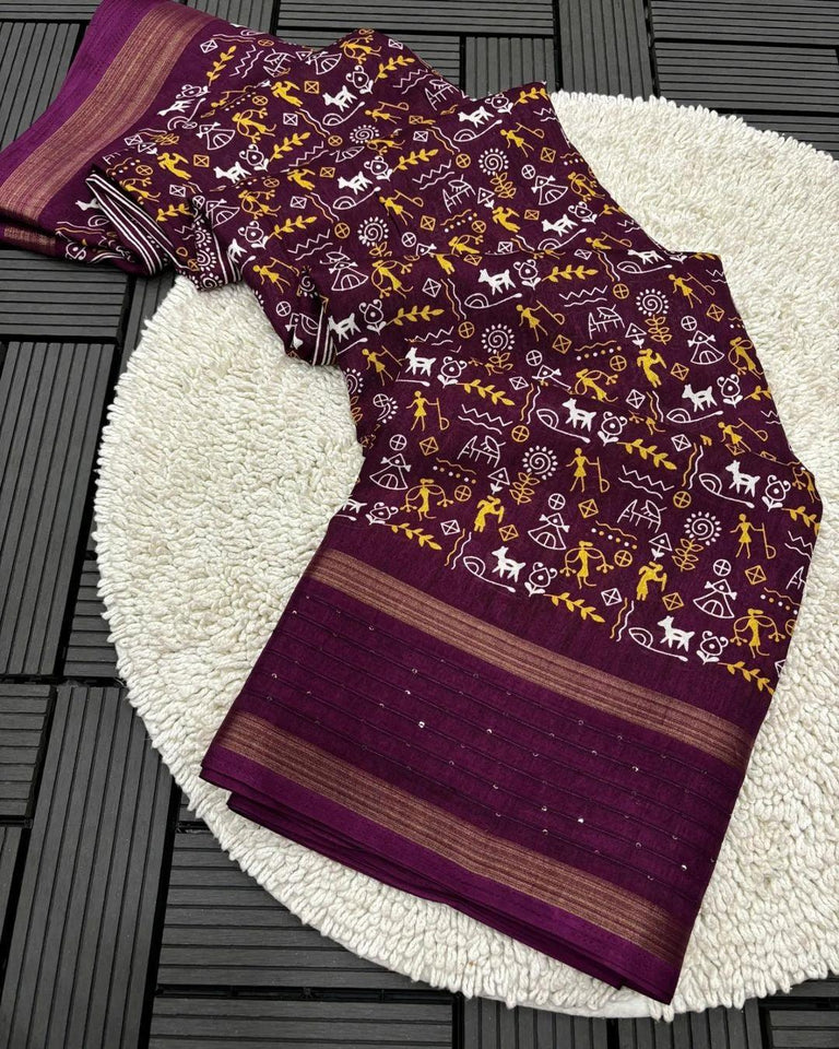 DOLA SILK SAREE WITH WORLI PRINT AND SEQUENCE BORDER - Saree