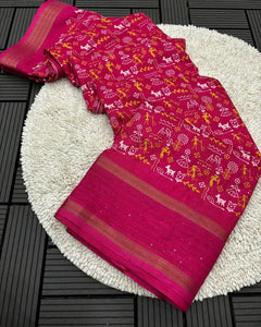 DOLA SILK SAREE WITH WORLI PRINT AND SEQUENCE BORDER - Saree