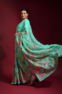 Beautiful multi color thread Flower Design Work and Sequance embroidery work saree - Saree