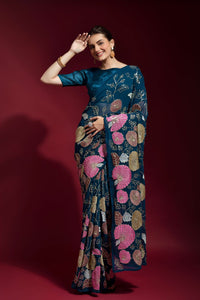 Beautiful multi color thread Flower Design Work and Sequance embroidery work saree