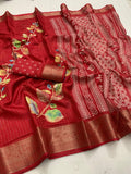 Designer hand printed saree with zari weaving checks and boder - Saree