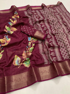 Designer hand printed saree with zari weaving checks and boder - Saree